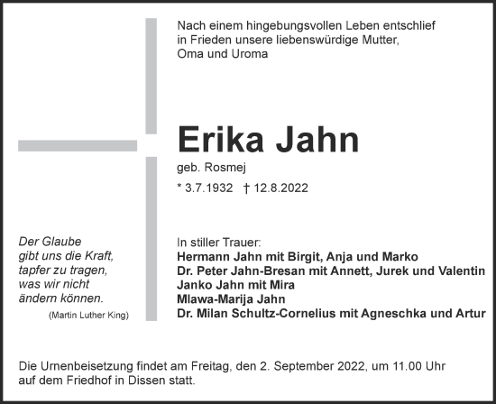 Traueranzeige von Erika Jahn von lausitzer_rundschau