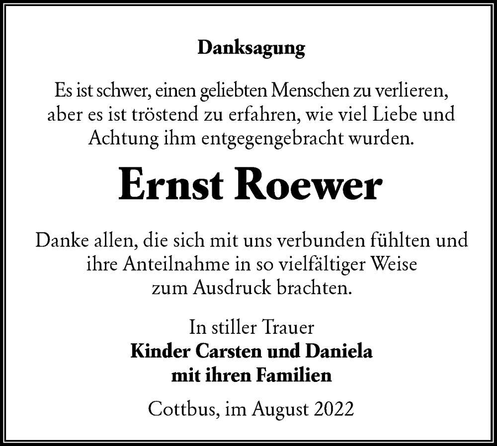  Traueranzeige für Ernst Roewer vom 27.08.2022 aus lausitzer_rundschau