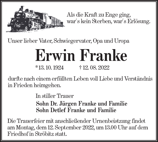 Traueranzeige von Erwin Franke von lausitzer_rundschau