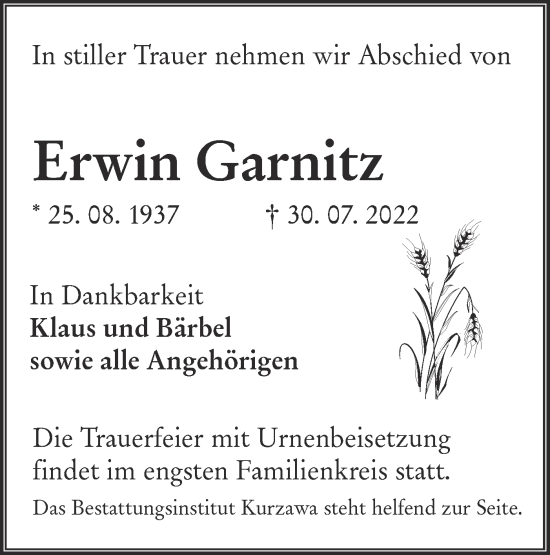 Traueranzeige von Erwin Garnitz von lausitzer_rundschau