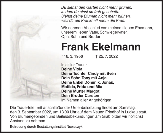 Traueranzeige von Frank Ekelmann von lausitzer_rundschau