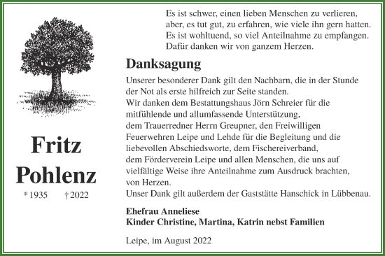 Traueranzeige von Fritz Pohlenz von lausitzer_rundschau