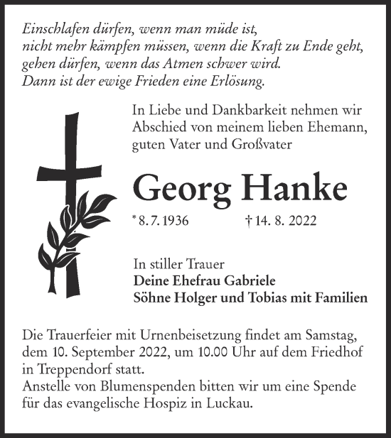 Traueranzeige von Georg Hanke von lausitzer_rundschau