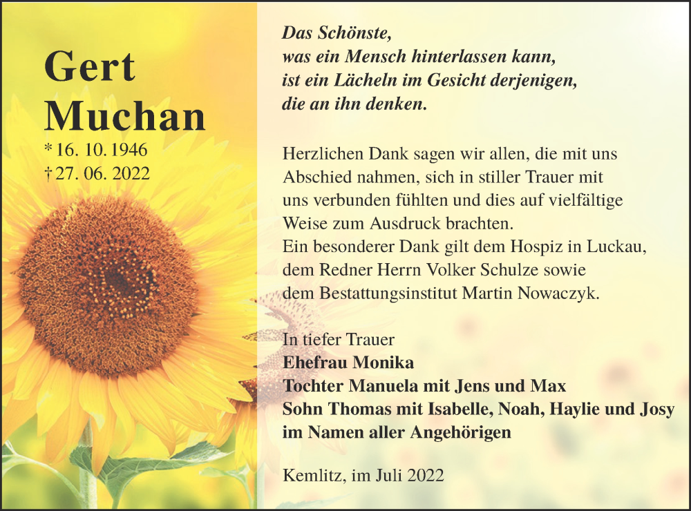  Traueranzeige für Gert Muchan vom 06.08.2022 aus lausitzer_rundschau