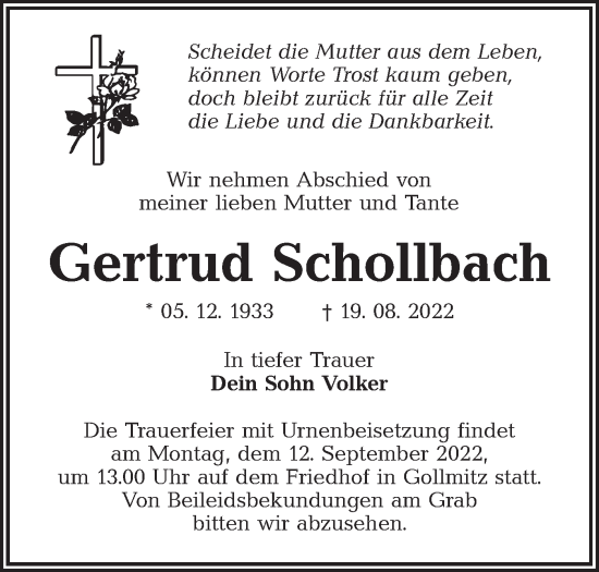 Traueranzeige von Gertrud Schollbach von lausitzer_rundschau