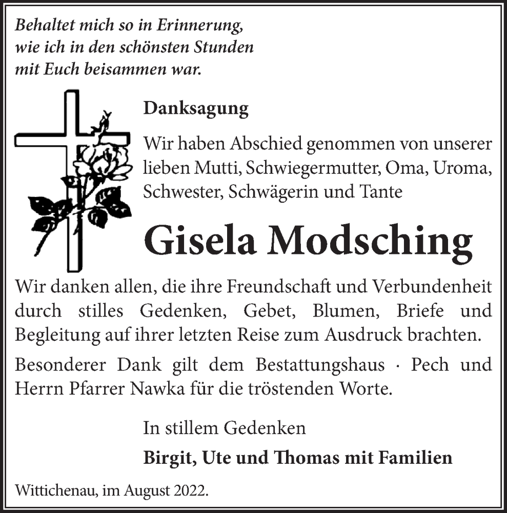  Traueranzeige für Gisela Modsching vom 20.08.2022 aus lausitzer_rundschau