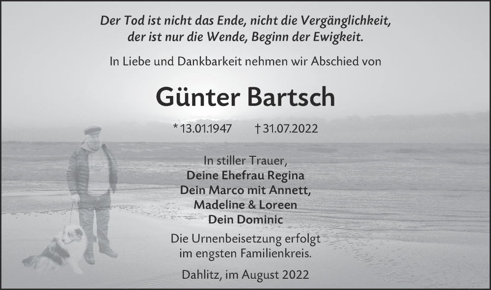  Traueranzeige für Günter Bartsch vom 06.08.2022 aus lausitzer_rundschau