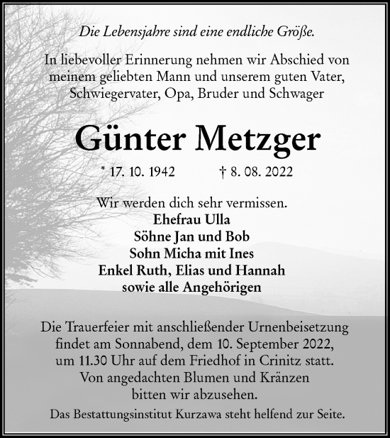 Traueranzeige von Günter Metzger von lausitzer_rundschau