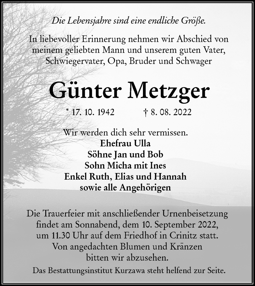  Traueranzeige für Günter Metzger vom 27.08.2022 aus lausitzer_rundschau