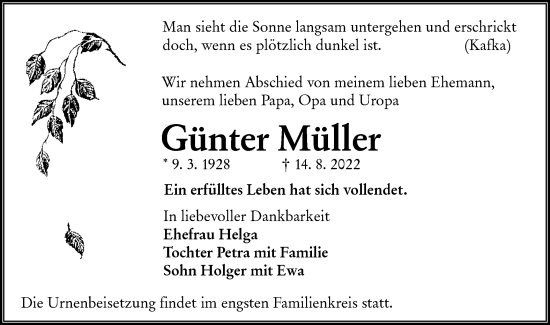 Traueranzeige von Günter Müller von lausitzer_rundschau