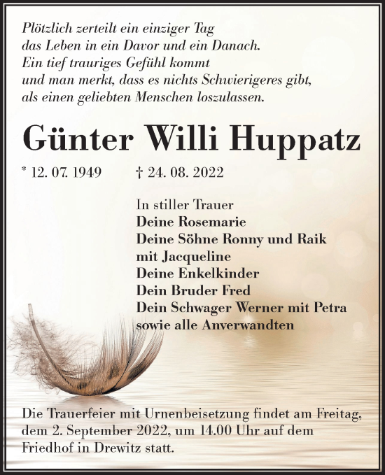 Traueranzeige von Günter Willi Huppatz von lausitzer_rundschau