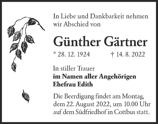 Traueranzeige von Günther Gärtner von lausitzer_rundschau
