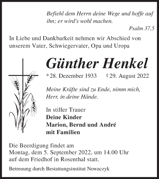 Traueranzeige von Günther Henkel von lausitzer_rundschau