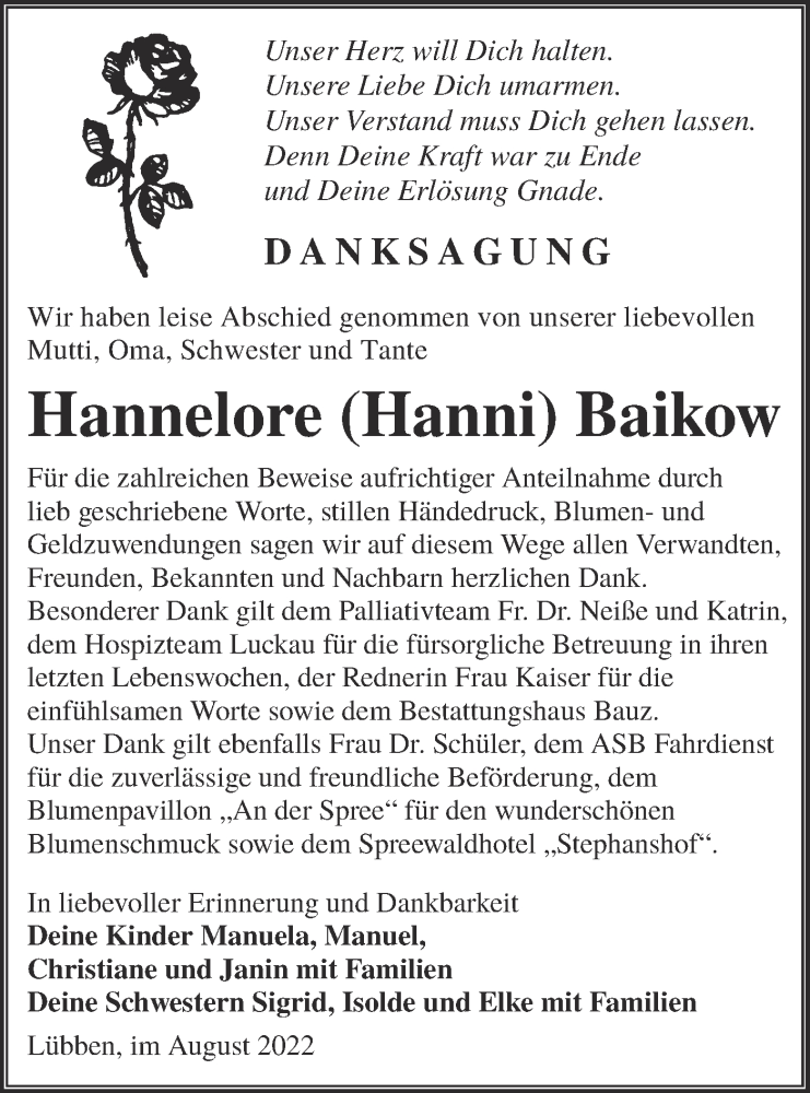  Traueranzeige für Hannelore Baikow vom 06.08.2022 aus lausitzer_rundschau