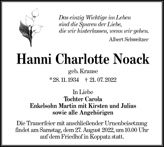 Traueranzeige von Hanni Charlotte Noack von lausitzer_rundschau