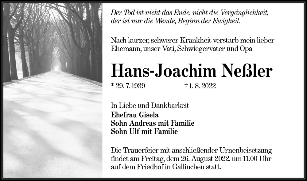  Traueranzeige für Hans-Joachim Neßler vom 06.08.2022 aus lausitzer_rundschau