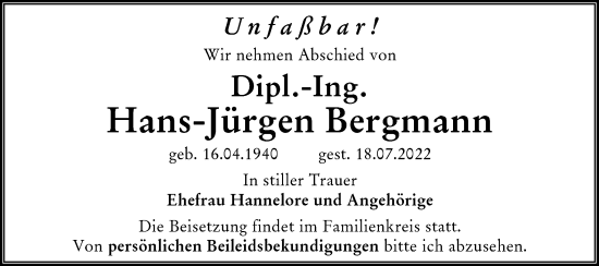 Traueranzeige von Hans-Jürgen Bergmann von lausitzer_rundschau