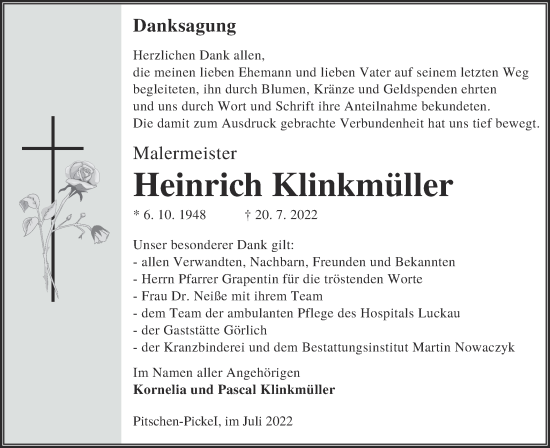 Traueranzeige von Heinrich Klinkmüller von lausitzer_rundschau