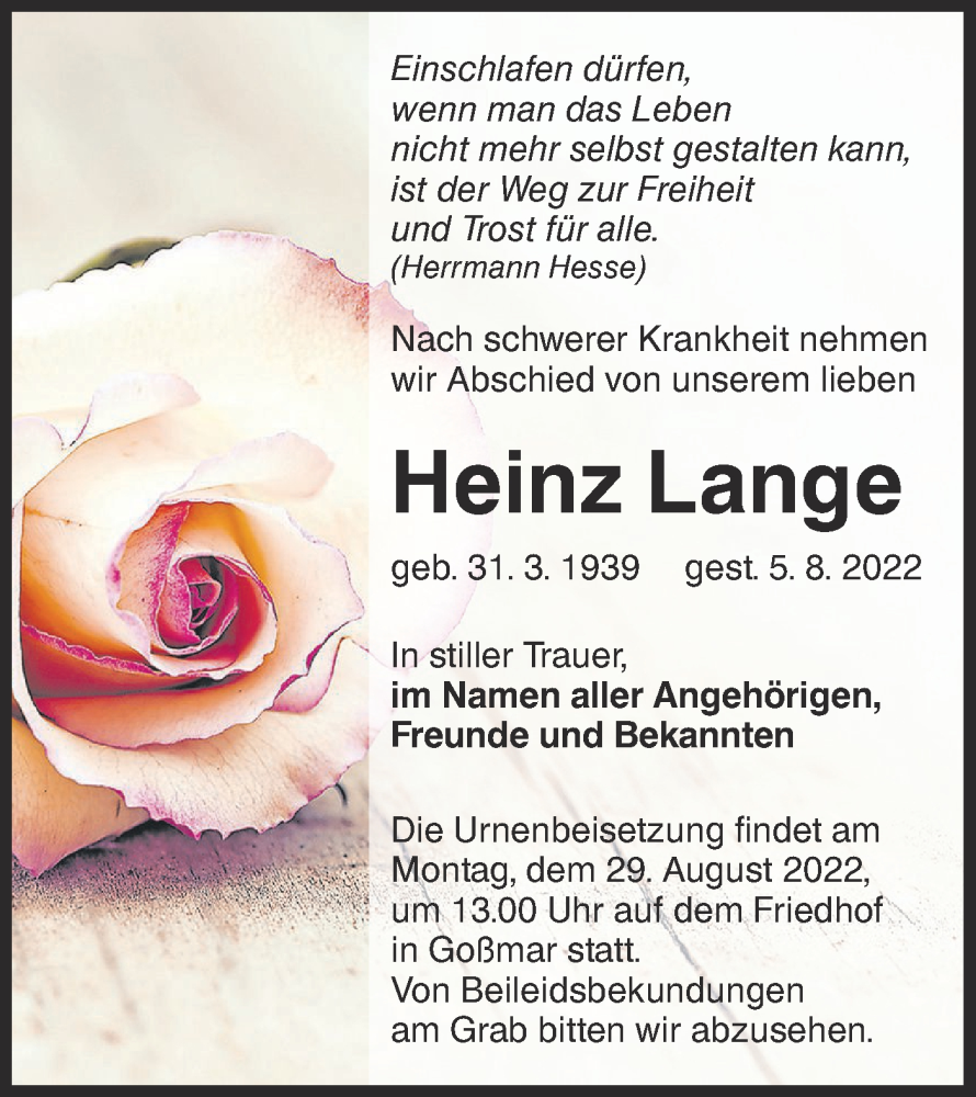  Traueranzeige für Heinz Lange vom 20.08.2022 aus lausitzer_rundschau