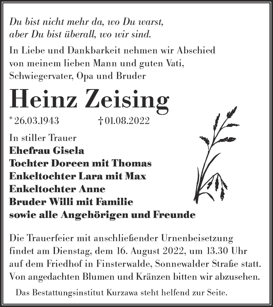  Traueranzeige für Heinz Zeising vom 13.08.2022 aus lausitzer_rundschau