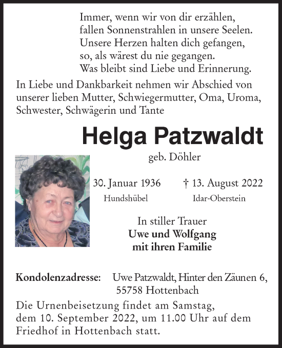Traueranzeige von Helga Patzwaldt von lausitzer_rundschau
