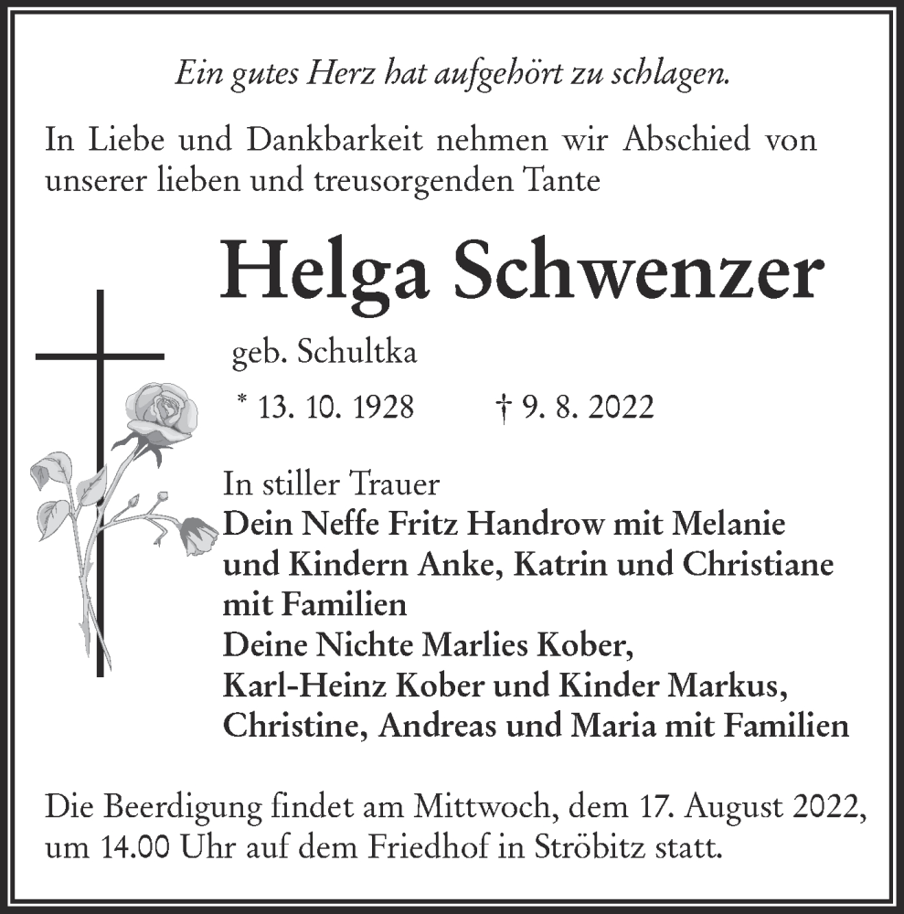  Traueranzeige für Helga Schwenzer vom 13.08.2022 aus lausitzer_rundschau