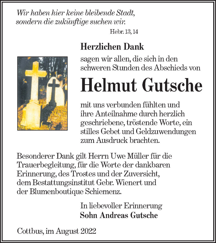  Traueranzeige für Helmut Gutsche vom 06.08.2022 aus lausitzer_rundschau