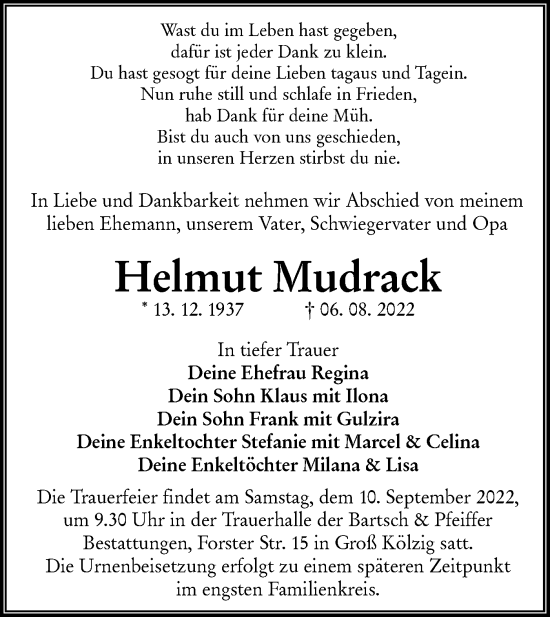 Traueranzeige von Helmut Mudrack von lausitzer_rundschau