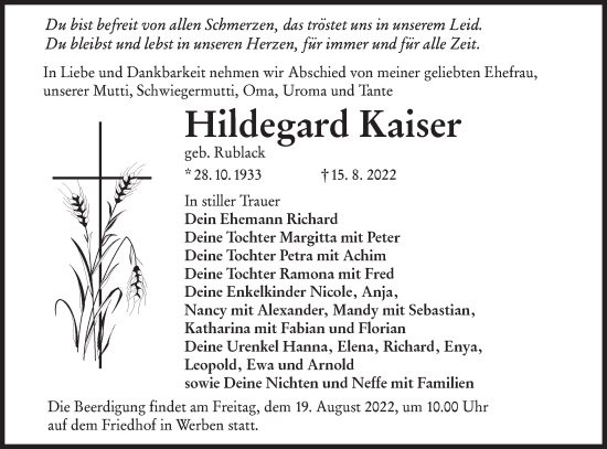 Traueranzeige von Hildegard Kaiser von lausitzer_rundschau