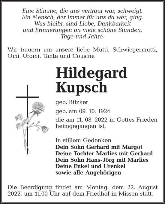 Traueranzeige von Hildegard Kupsch von lausitzer_rundschau