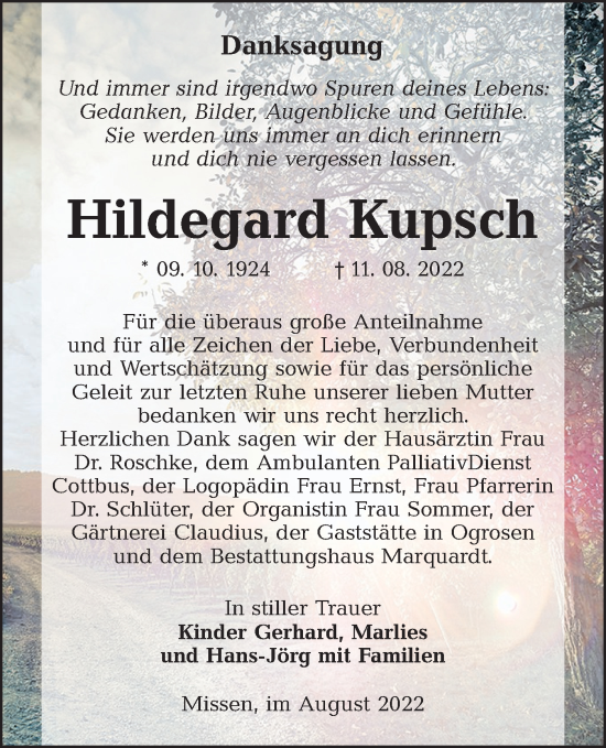 Traueranzeige von Hildegard Kupsch von lausitzer_rundschau