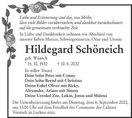 Traueranzeige von Hildegard Schöneich von lausitzer_rundschau