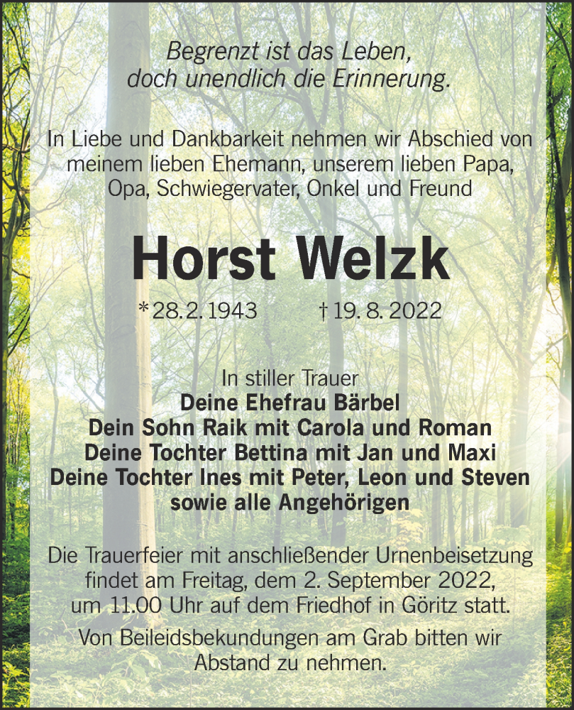  Traueranzeige für Horst Welzk vom 27.08.2022 aus lausitzer_rundschau