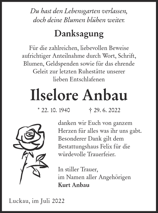 Traueranzeige von Ilselore Anbau von lausitzer_rundschau