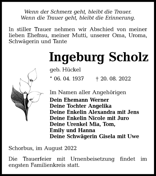Traueranzeige von Ingeburg Scholz von lausitzer_rundschau