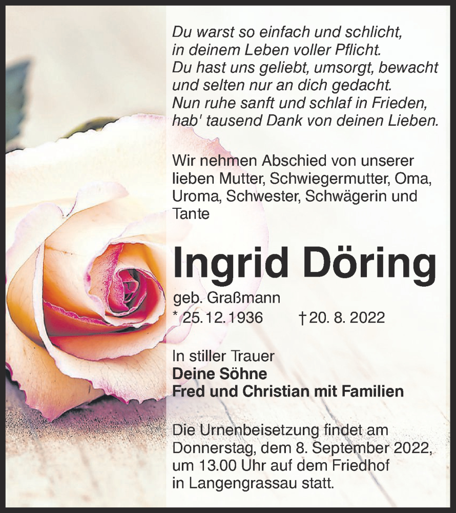  Traueranzeige für Ingrid Döring vom 27.08.2022 aus lausitzer_rundschau