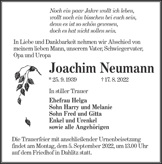 Traueranzeige von Joachim Neumann von lausitzer_rundschau