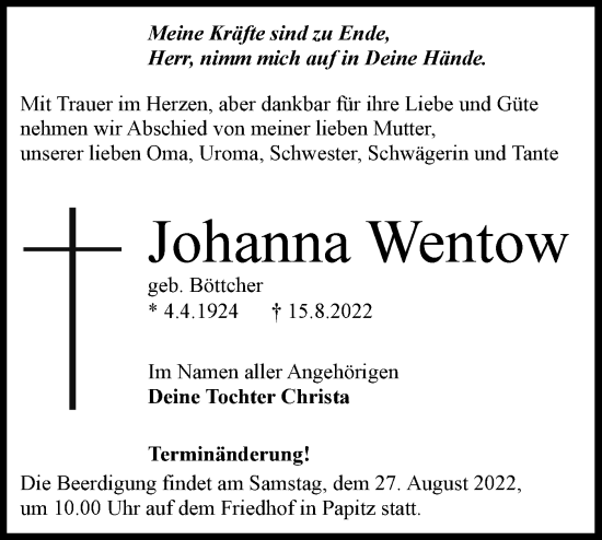 Traueranzeige von Johanna Wentow von lausitzer_rundschau