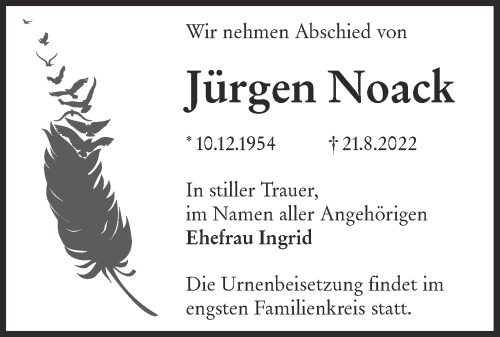 Traueranzeige für Jürgen Noack vom 27.08.2022 aus lausitzer_rundschau