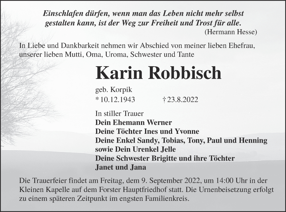 Traueranzeige für Karin Robbisch vom 27.08.2022 aus lausitzer_rundschau