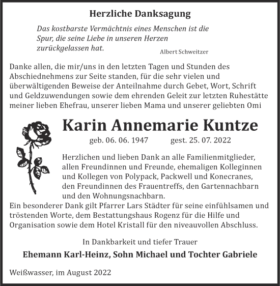 Traueranzeige von Karin Annemarie Kuntze von lausitzer_rundschau