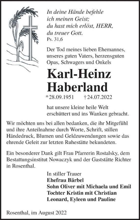 Traueranzeige von Karl-Heinz Haberland von lausitzer_rundschau