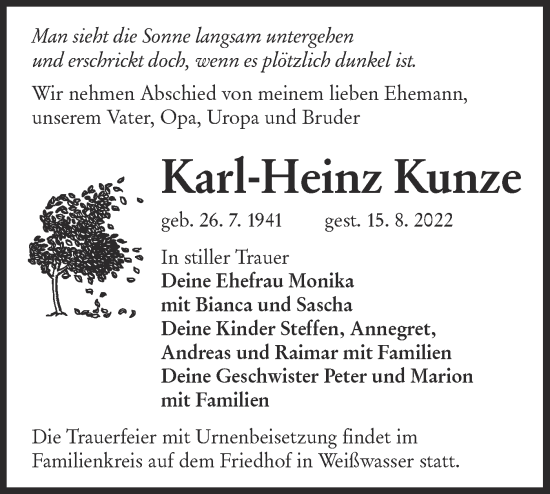 Traueranzeige von Karl-Heinz Kunze von lausitzer_rundschau
