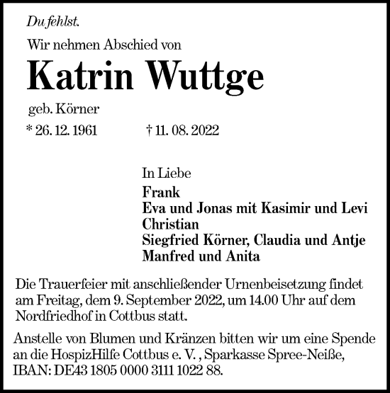Traueranzeige von Katrin Wuttge von lausitzer_rundschau