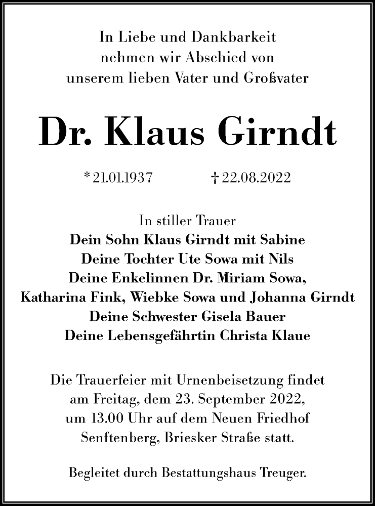  Traueranzeige für Klaus Girndt vom 31.08.2022 aus lausitzer_rundschau
