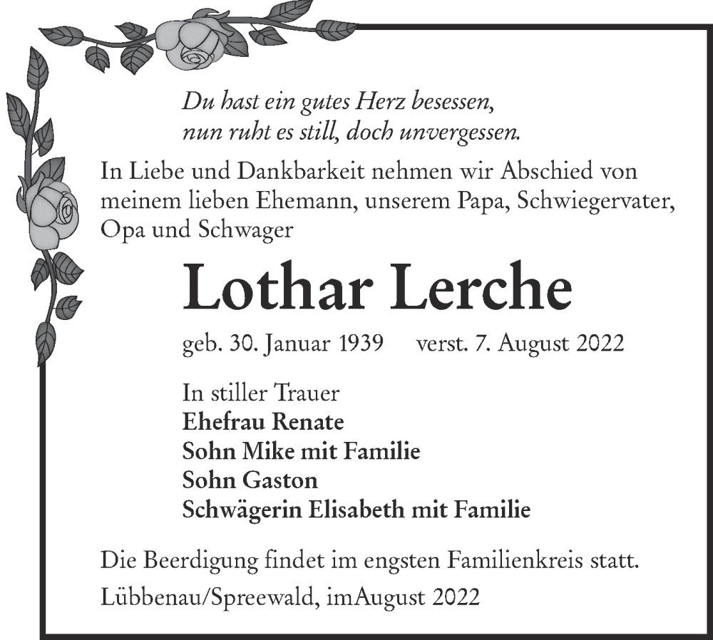  Traueranzeige für Lothar Lerche vom 13.08.2022 aus lausitzer_rundschau