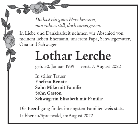 Traueranzeige von Lothar Lerche von lausitzer_rundschau