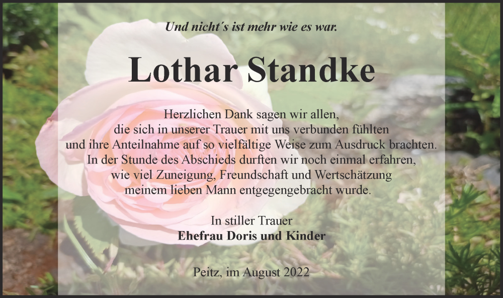  Traueranzeige für Lothar Standke vom 06.08.2022 aus lausitzer_rundschau