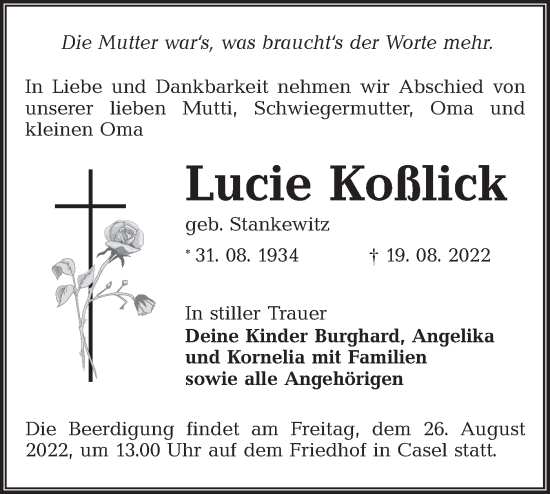 Traueranzeige von Lucie Koßlick von lausitzer_rundschau