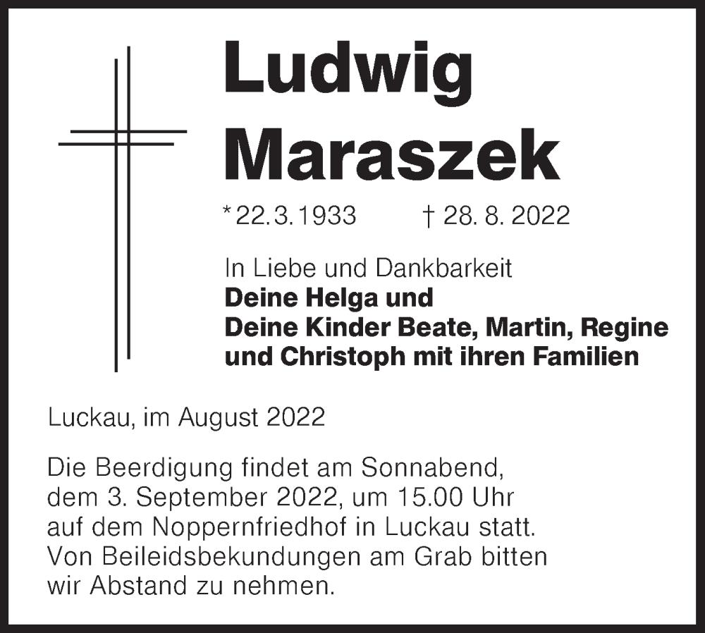  Traueranzeige für Ludwig Maraszek vom 31.08.2022 aus lausitzer_rundschau
